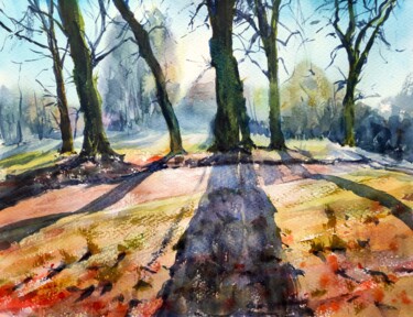Painting titled "Misty woodland" by Ibolya Taligas, Original Artwork, Watercolor