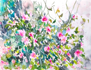 Painting titled "Camellia bush" by Ibolya Taligas, Original Artwork, Watercolor