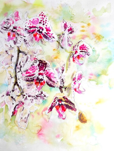 Peinture intitulée "Orchid Cascade" par Ibolya Taligas, Œuvre d'art originale, Aquarelle