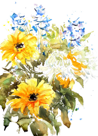 Painting titled "Yellow daisies" by Ibolya Taligas, Original Artwork, Watercolor