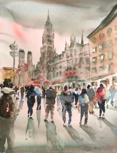 Pintura intitulada "Marienplatz, Munich" por Ibolya Taligas, Obras de arte originais, Aquarela