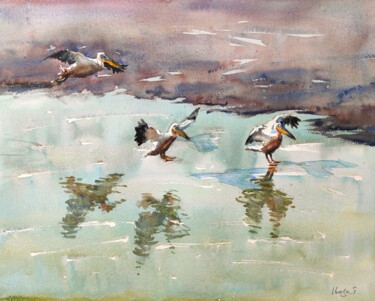 Painting titled "Happy landings" by Ibolya Taligas, Original Artwork, Watercolor