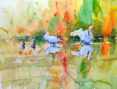 Malerei mit dem Titel "Autumn on the lake" von Ibolya Taligas, Original-Kunstwerk, Aquarell