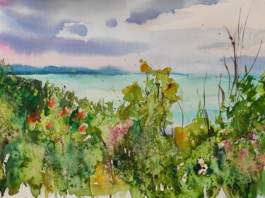 Schilderij getiteld "Aerial view of Lake…" door Ibolya Taligas, Origineel Kunstwerk, Aquarel