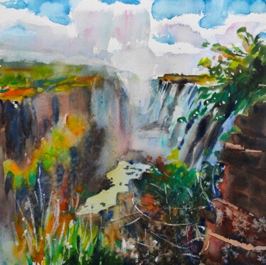 Painting titled "Victoria Falls 2" by Ibolya Taligas, Original Artwork, Watercolor