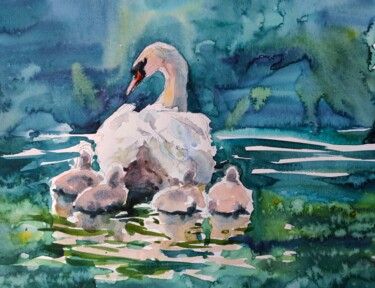 Pintura intitulada "Swan family" por Ibolya Taligas, Obras de arte originais, Aquarela