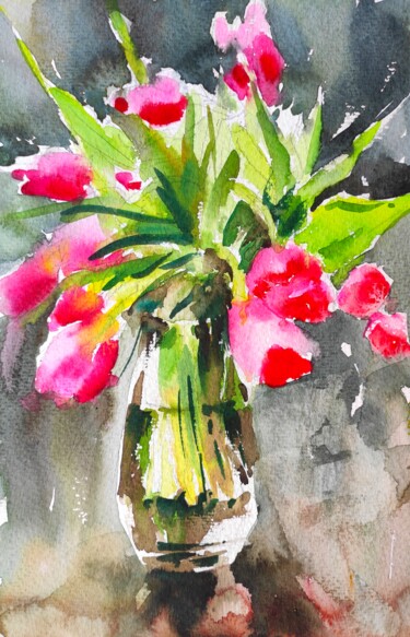 Pittura intitolato "Pink tulips in a va…" da Ibolya Taligas, Opera d'arte originale, Acquarello