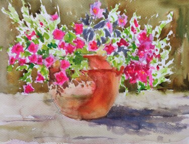 Painting titled "Petunia flowers in…" by Ibolya Taligas, Original Artwork, Watercolor