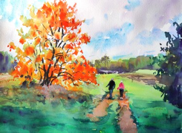 Painting titled "An Autumn Walk" by Ibolya Taligas, Original Artwork, Watercolor