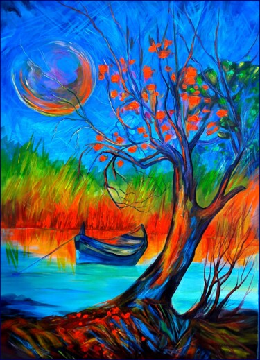 Painting titled "Dim Moonlight" by Ibolya Való, Original Artwork, Acrylic