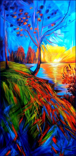 Painting titled "Lakeside Sunlight" by Ibolya Való, Original Artwork, Acrylic