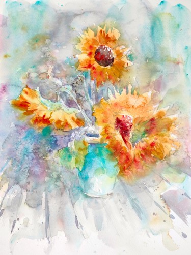 SUNFLOWERS on the table Peinture intitulée "SUNFLOWERS on the t…" par Ibolya Taligas, Œuvre d'art originale, Aquarelle