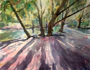 Filtering light through the forest Painting titled "Filtering light thr…" by Ibolya Taligas, Original Art, Watercolor