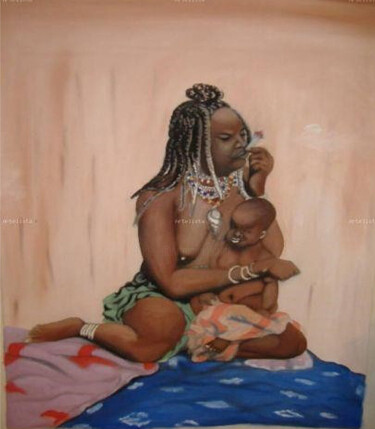 Painting titled "Maternidad" by Ibrahim Marong, Original Artwork, Oil Mounted on Wood Stretcher frame