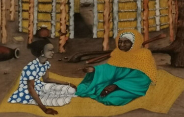Painting titled "Tali Talin" by Ibrahim Marong, Original Artwork, Oil Mounted on Wood Stretcher frame
