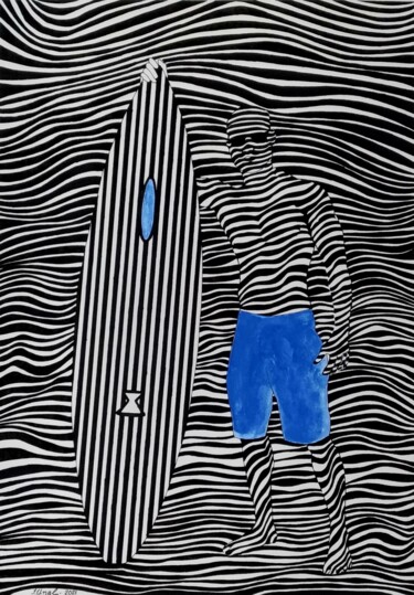Dessin intitulée "Surfer in blue shor…" par Ibrahim Unal, Œuvre d'art originale, Encre
