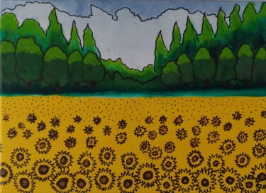 Pintura intitulada "Sunflower Field" por Ibrahim Unal, Obras de arte originais, Acrílico