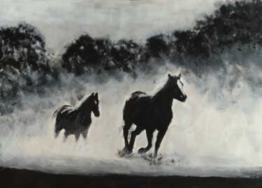 Картина под названием "Two horses in dust" - Ibrahim Unal, Подлинное произведение искусства, Акрил