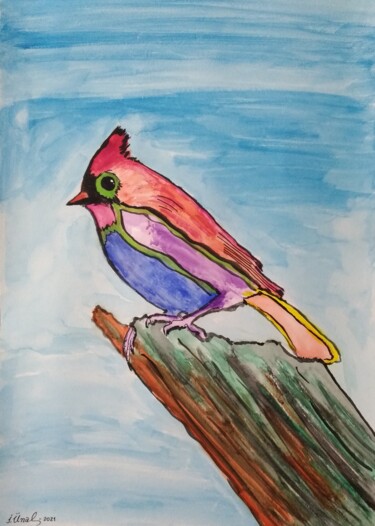Painting titled "Cardinal bird" by Ibrahim Unal, Original Artwork, Watercolor