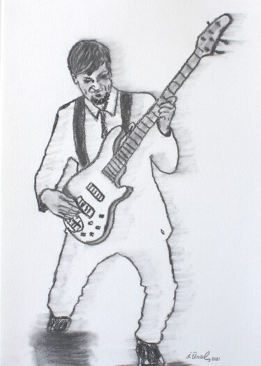 Drawing titled "Guitarist" by Ibrahim Unal, Original Artwork, Charcoal