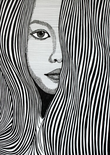 Рисунок под названием "Portrait with lines…" - Ibrahim Unal, Подлинное произведение искусства, Карандаш