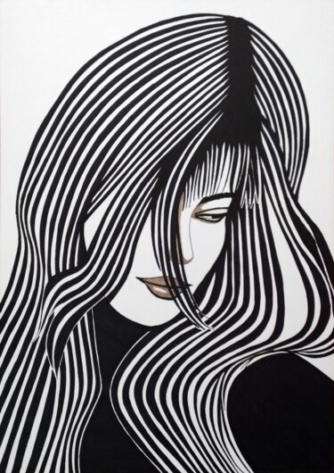 Dessin intitulée "Portrait with lines…" par Ibrahim Unal, Œuvre d'art originale, Marqueur