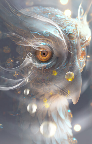 Digital Arts titled "WHITE OWL" by Iché, Original Artwork, Digital Painting Mounted on Wood Stretcher frame