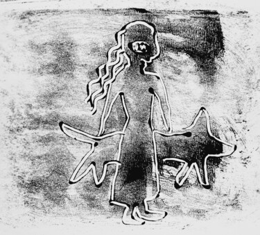 Printmaking titled "Girl with dog" by Ida Iris, Original Artwork, Monotype