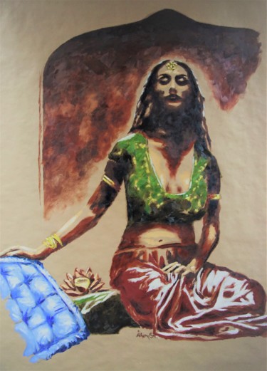 Schilderij getiteld "Indienne au lotus" door Idhem San, Origineel Kunstwerk, Olie