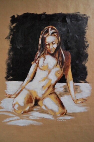 Peinture intitulée ""Nu à genoux"" par Idhem San, Œuvre d'art originale, Huile
