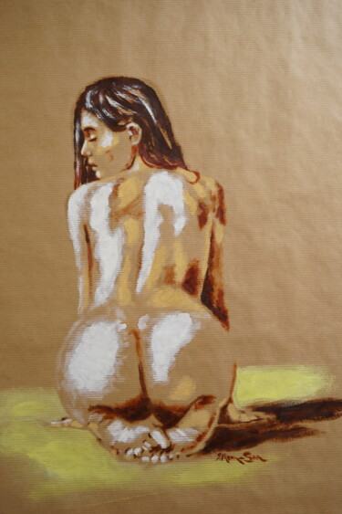 Peinture intitulée ""Nu à genoux de dos"" par Idhem San, Œuvre d'art originale, Huile