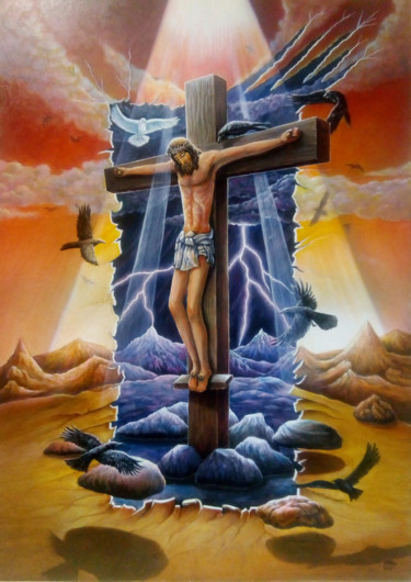 Картина под названием "Распятие Иисуса Хри…" - Юрий Идоленков, Подлинное произведение искусства, Масло