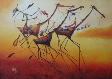 Peinture intitulée "Course au Sahel" par Idrissa Savadogo, Œuvre d'art originale, Collages