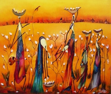 Peinture intitulée "Cueillette du coton" par Idrissa Savadogo, Œuvre d'art originale, Huile