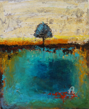 Painting titled "Lone Tree at River…" by Indrani Ghosh, Original Artwork, Acrylic Mounted on Other rigid panel
