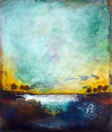 Painting titled "Green Sky Landscape…" by Indrani Ghosh, Original Artwork, Acrylic