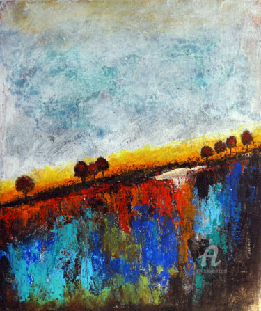 Painting titled "Sunset at valley La…" by Indrani Ghosh, Original Artwork, Acrylic Mounted on Other rigid panel
