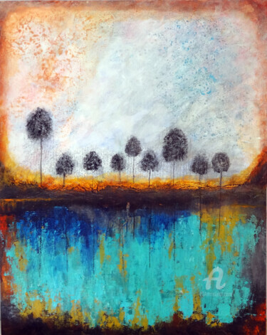 Pittura intitolato "Trees at the lake L…" da Indrani Ghosh, Opera d'arte originale, Acrilico