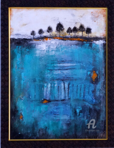 Painting titled "Blue River Abstract…" by Indrani Ghosh, Original Artwork, Acrylic Mounted on Other rigid panel