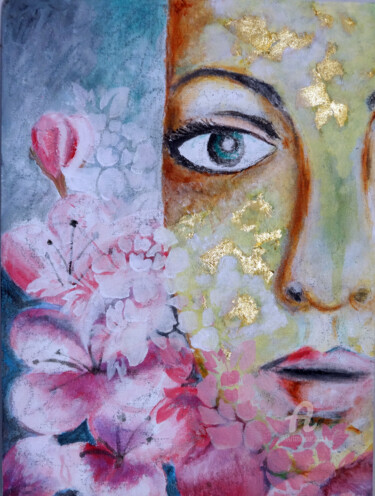 Painting titled "Woman with Flowers…" by Indrani Ghosh, Original Artwork, Acrylic Mounted on Other rigid panel