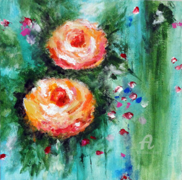 Malerei mit dem Titel "Orange Roses Flower…" von Indrani Ghosh, Original-Kunstwerk, Acryl