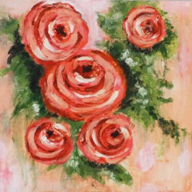 Malerei mit dem Titel "Peach Roses Flower…" von Indrani Ghosh, Original-Kunstwerk, Acryl Auf Andere starre Platte montiert