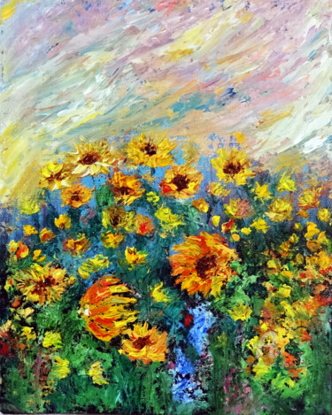 Painting titled "Sunflower fields wi…" by Indrani Ghosh, Original Artwork, Oil