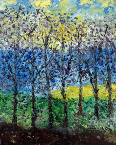 Pintura intitulada "Trees in the Forest…" por Indrani Ghosh, Obras de arte originais, Óleo