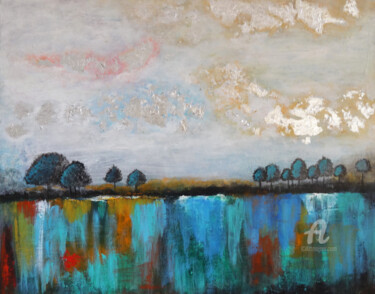 Painting titled "Trees at the horizo…" by Indrani Ghosh, Original Artwork, Acrylic