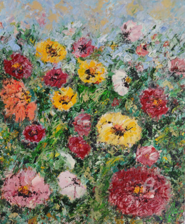 Painting titled "Colorful wild flowe…" by Indrani Ghosh, Original Artwork, Oil