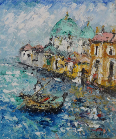 Painting titled "Venice Canal with G…" by Indrani Ghosh, Original Artwork, Oil Mounted on Wood Panel