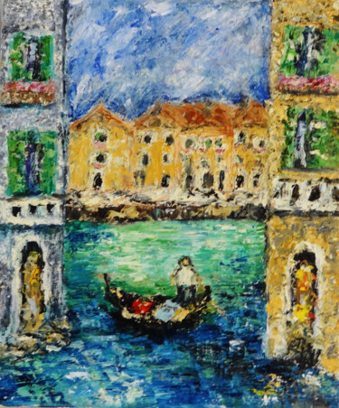 Painting titled "Venice Houses Canal…" by Indrani Ghosh, Original Artwork, Oil