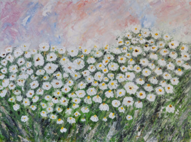 Painting titled "White Daisy Flower…" by Indrani Ghosh, Original Artwork, Oil Mounted on Other rigid panel