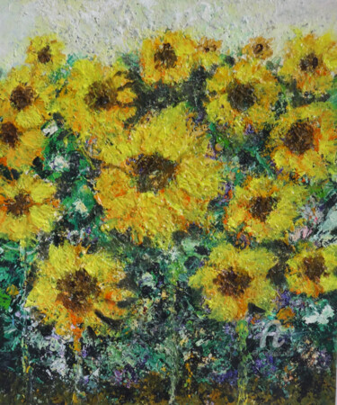 Painting titled "Sunflowers Impasto…" by Indrani Ghosh, Original Artwork, Oil Mounted on Other rigid panel